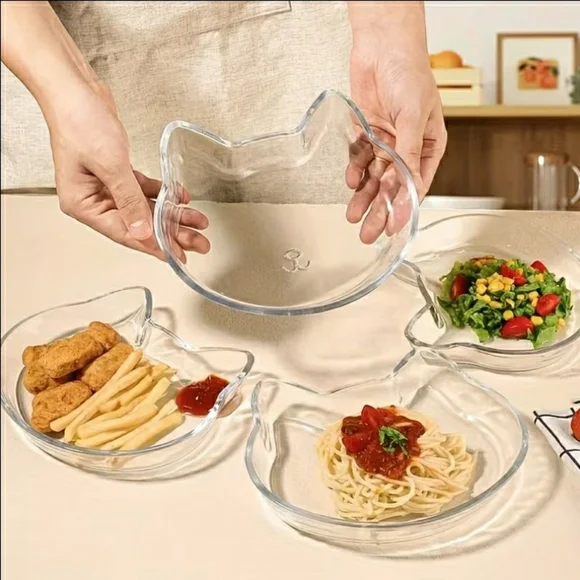 NIB! Set Of 2 Cat-Shaped Glass Plates - Heat Resistant, Microwave Safe - Picture 2 of 5